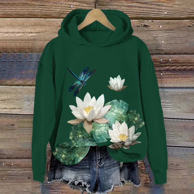 Vintage Oil Painting Water Lily & Dragonfly Art Print Long Sleeve Hoodie - Dark Green - US44-46(8XL) - image 1