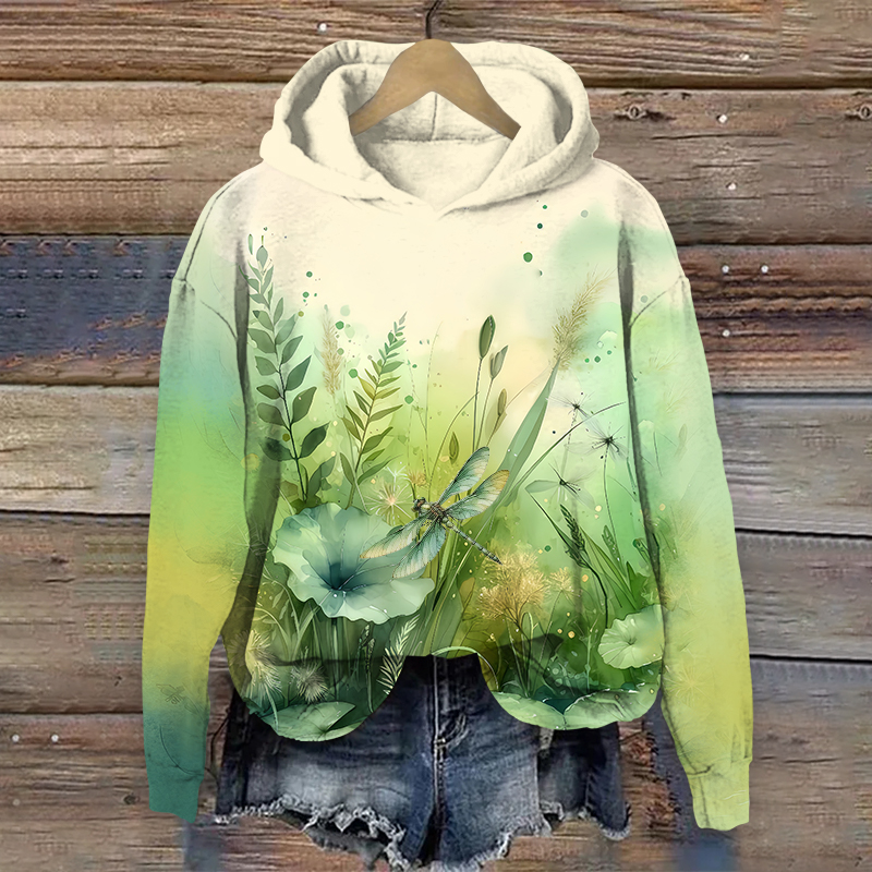 Fantasy Watercolor Dragonfly & Flower Art Print Long Sleeve Hoodie - Green - US44-46(8XL) - image 1