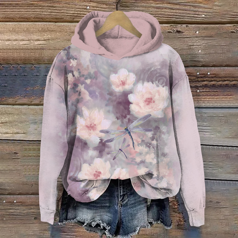 Retro Oil Painting Abstract Flowers & Dragonfly Art Print Long Sleeve Hoodie - Light Purple - US44-46(8XL) - image 1