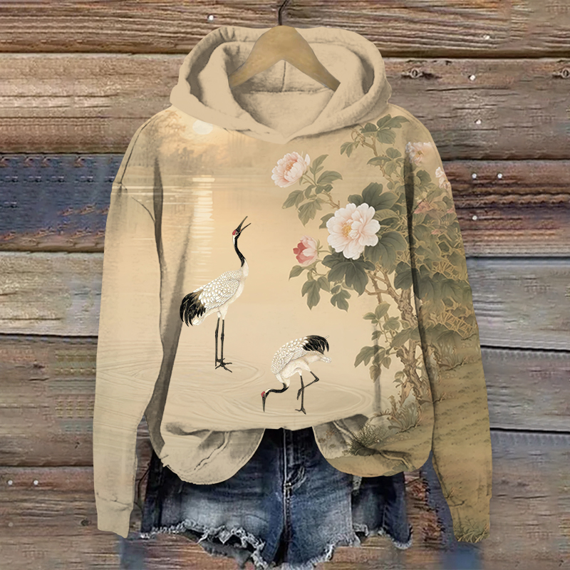 Japanese Wild Rose & White Crane By The Lake Art Print Long Sleeve Hoodie - Khaki - US44-46(8XL) - image 1