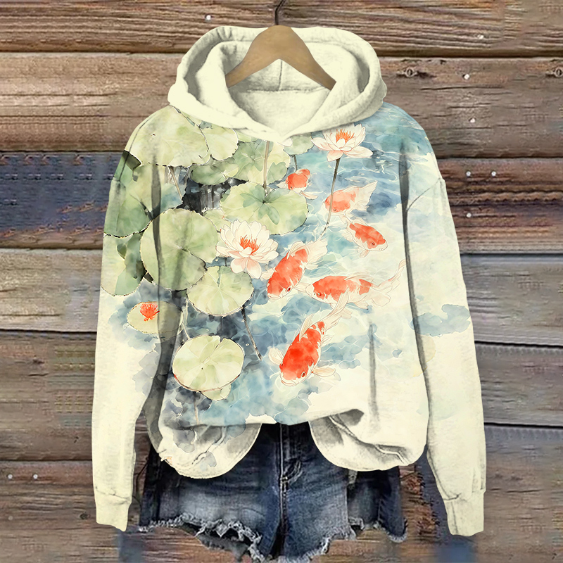 Lovely Watercolor Goldfish In Lotus Pond Art Print Long Sleeve Hoodie - Light Green - US44-46(8XL) - image 1