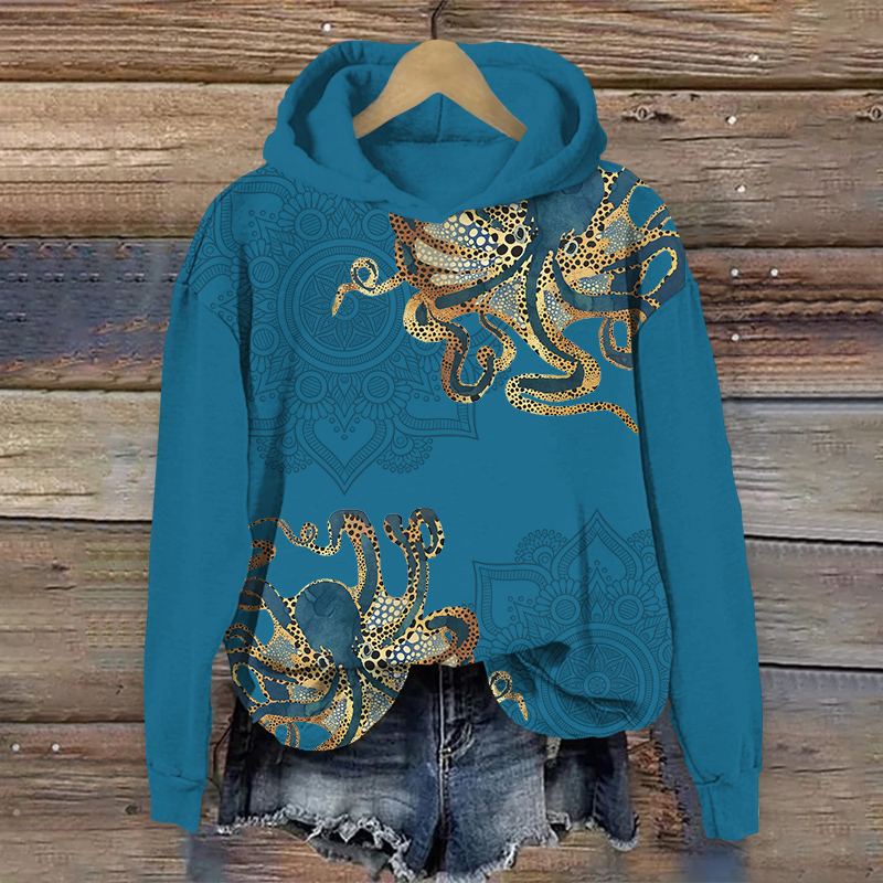 Japanese Creative Polka Dot Octopus Art Print Long Sleeve Hoodie - Blue - US44-46(8XL) - image 2