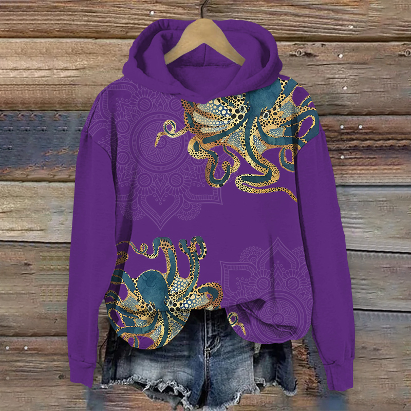 Japanese Creative Polka Dot Octopus Art Print Long Sleeve Hoodie - Purple - US44-46(8XL) - image 1