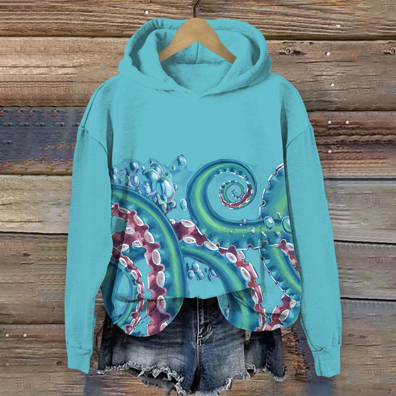 Vintage Cartoon Bubble Octopus Tentacles Art Print Long Sleeve Hoodie - Light Blue - US44-46(8XL) - image 1
