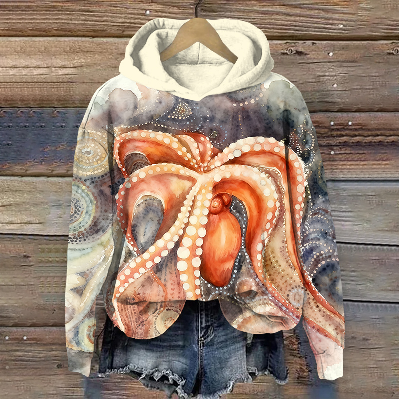 Creative Upside-down Octopus Art Print Long Sleeve Hoodie - Orange - US44-46(8XL) - image 1