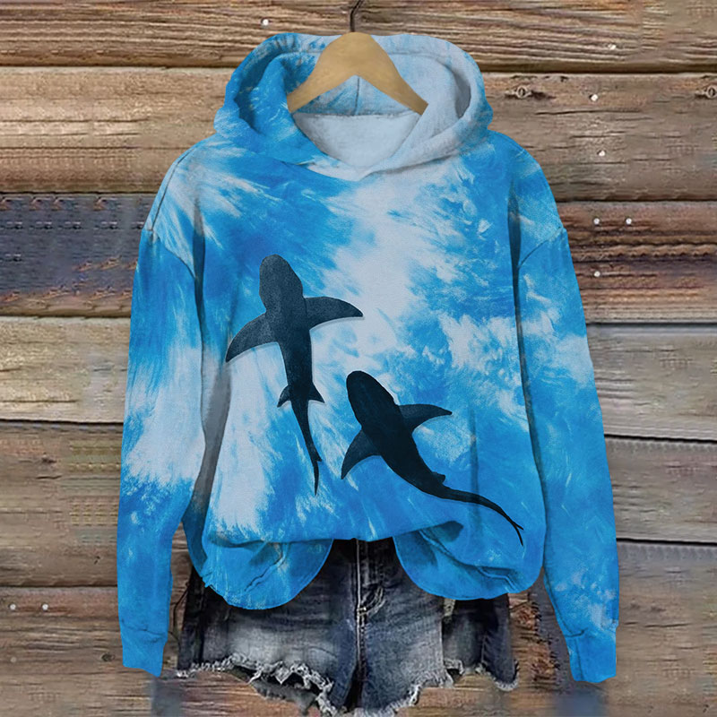 Vintage Tie-dye Shark Pattern Art Print Long Sleeve Hoodie - Blue - US44-46(8XL) - image 1