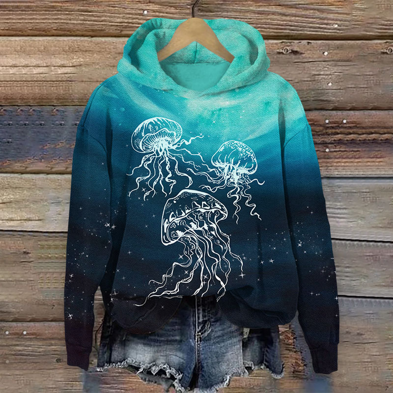 Ombre Abstract Transparent Jellyfish Art Print Long Sleeve Hoodie - Dark Blue - US44-46(8XL) - image 1