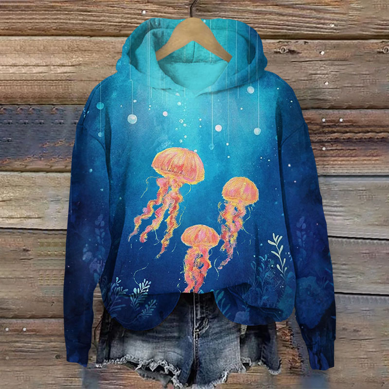 Retro Ocean Mysterious Jellyfish Art Print Long Sleeve Hoodie - Blue - US44-46(8XL) - image 1