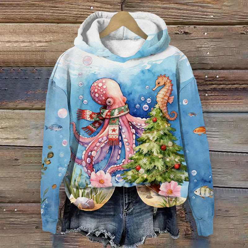 Christmas Octopus And Christmas Tree Watercolors Art Print Long Sleeve Hoodie - Blue - US44-46(8XL) - image 1