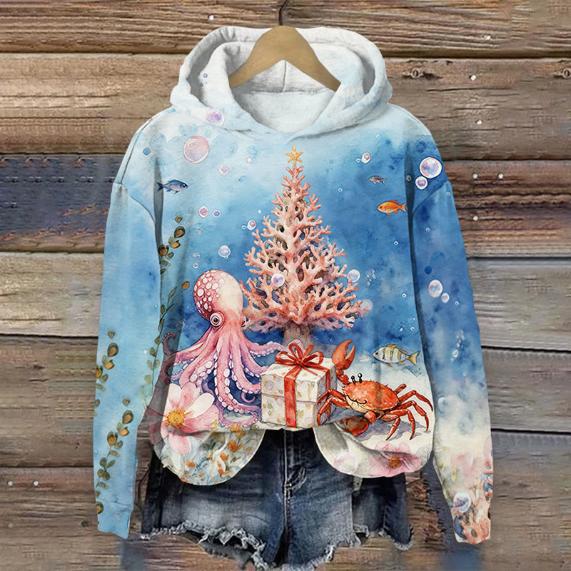 Christmas Octopus Watercolor Art Print Long Sleeve Hoodie - Blue - US44-46(8XL) - image 1