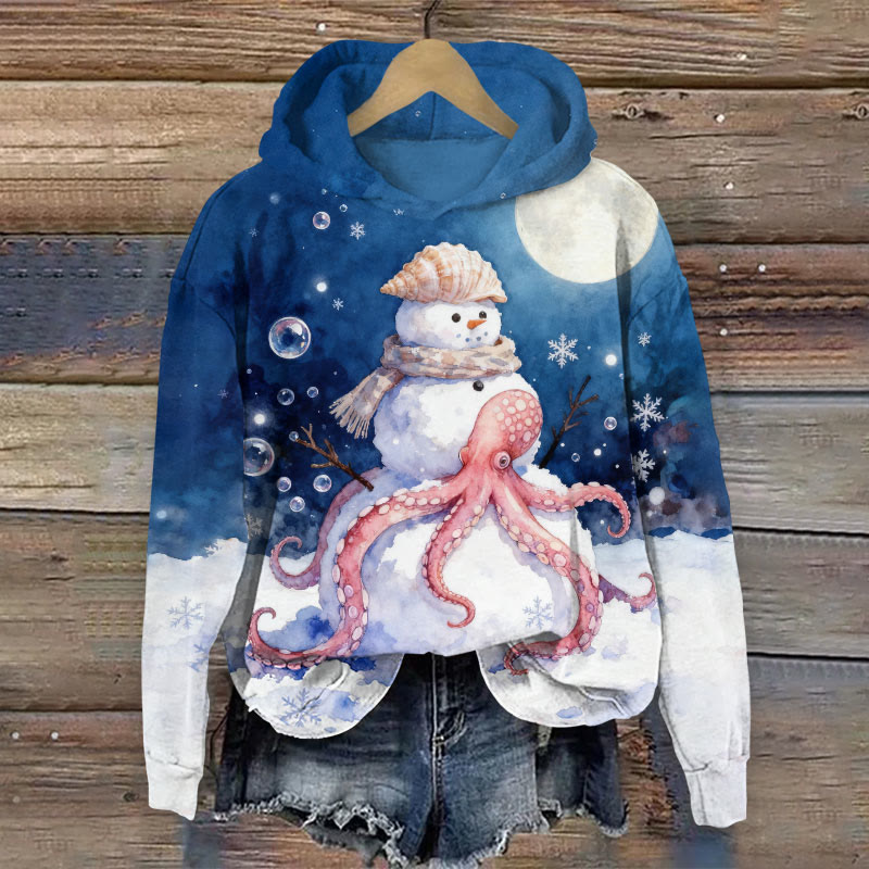 Christmas Octopus And Snowman Watercolor Art Print Long Sleeve Hoodie - Dark Blue - US44-46(8XL) - image 1