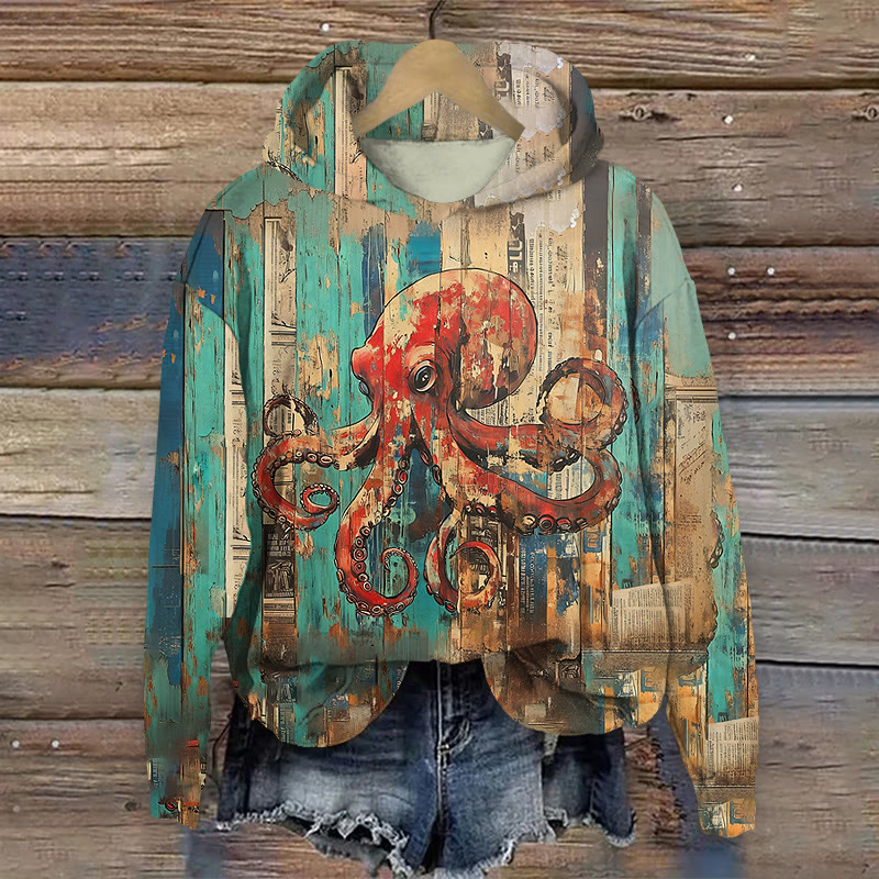 Distressed Vintage Octopus Art Print Long Sleeve Hoodie - Multicolor - US44-46(8XL) - image 1
