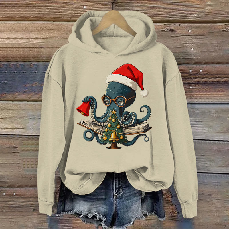 Christmas Octopus Cartoon Pattern Art Print Long Sleeve Hoodie - Apricot - US44-46(8XL) - image 1