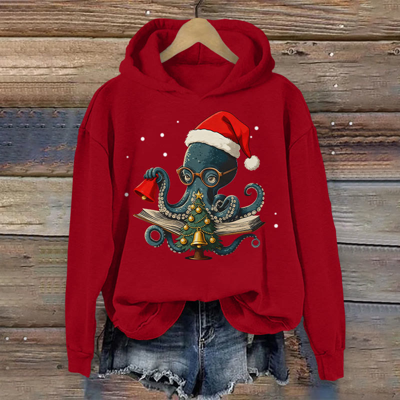 Christmas Octopus Cartoon Pattern Art Print Long Sleeve Hoodie - Red - US44-46(8XL) - image 2