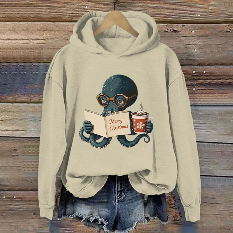Christmas octopus cartoon pattern Art Print Long Sleeve Hoodie - Apricot - US44-46(8XL) - image 1