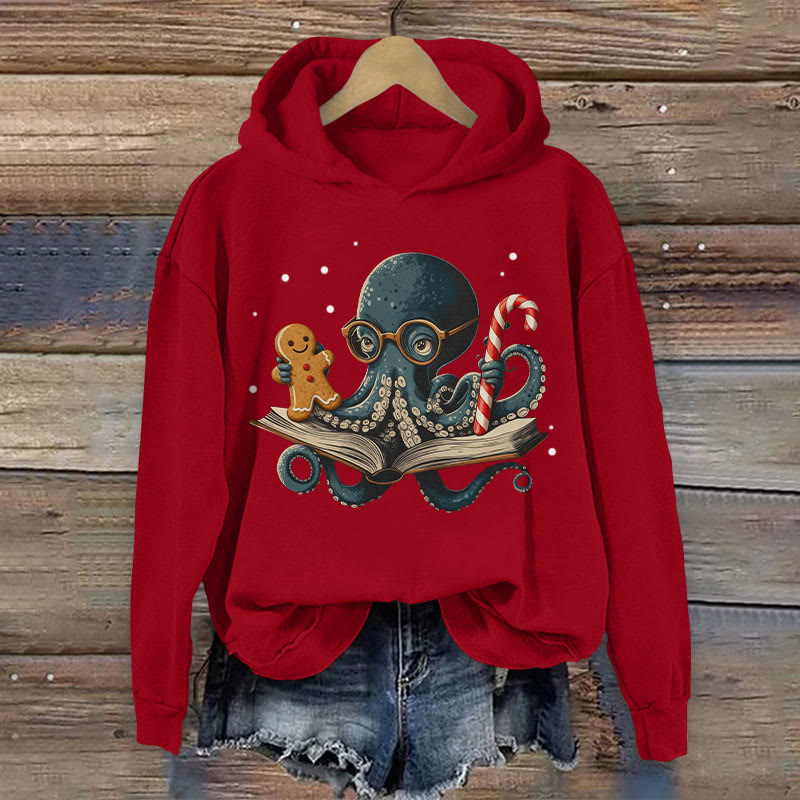 Christmas Octopus Cartoon Pattern Art Print Long Sleeve Hoodie - Red - US44-46(8XL) - image 1