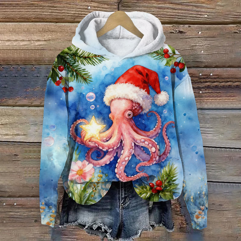Christmas Watercolor Pattern Of An Octopus Art Print Long Sleeve Hoodie - Blue - US44-46(8XL) - image 1