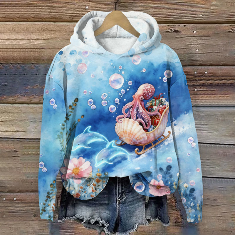 Christmas Watercolor Pattern Of Octopuses And Dolphins Art Print Long Sleeve Hoodie - Blue - US44-46(8XL) - image 1