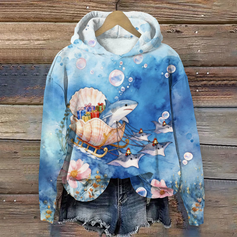 Underwater Christmas Art Print Long Sleeve Hoodie - Blue - US44-46(8XL) - image 1