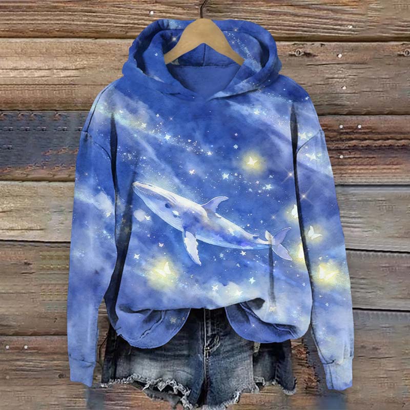 Lovely Starry Flying Whale Art Print Long Sleeve Hoodie - Blue - US44-46(8XL) - image 1