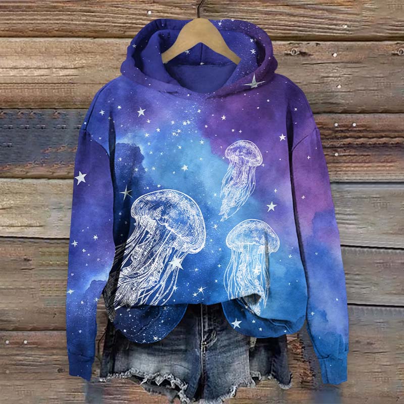 Ombre Starry White Jellyfish Art Print Long Sleeve Hoodie - Blue - US44-46(8XL) - image 1