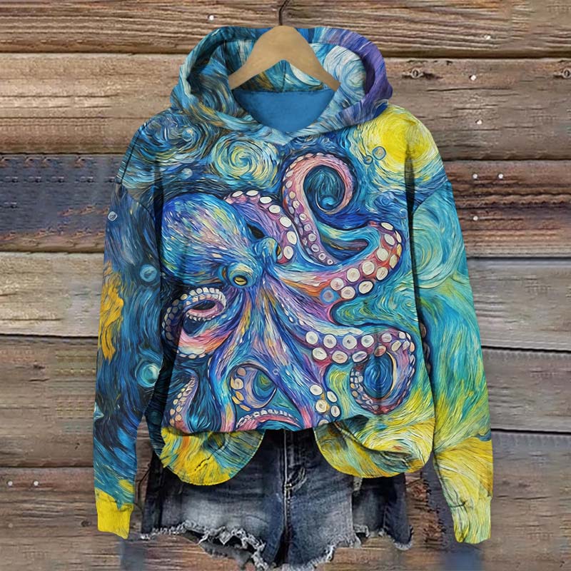 Van Gogh Oil Painting Octopus Art Print Long Sleeve Hoodie - Blue - US44-46(8XL) - image 1