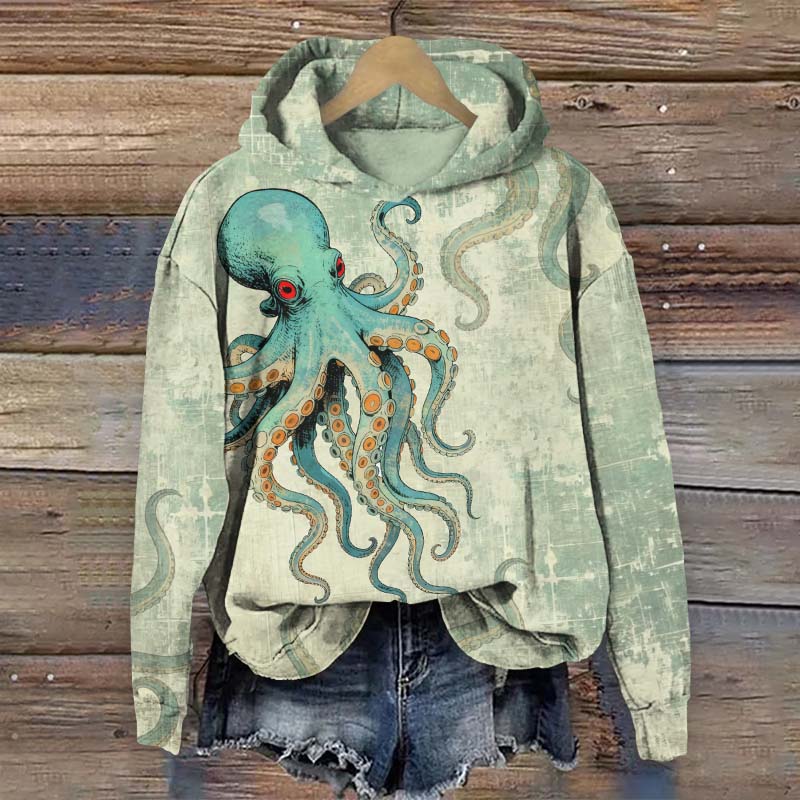 Vintage Mystical Octopus Art Print Long Sleeve Hoodie - Green - US44-46(8XL) - image 1