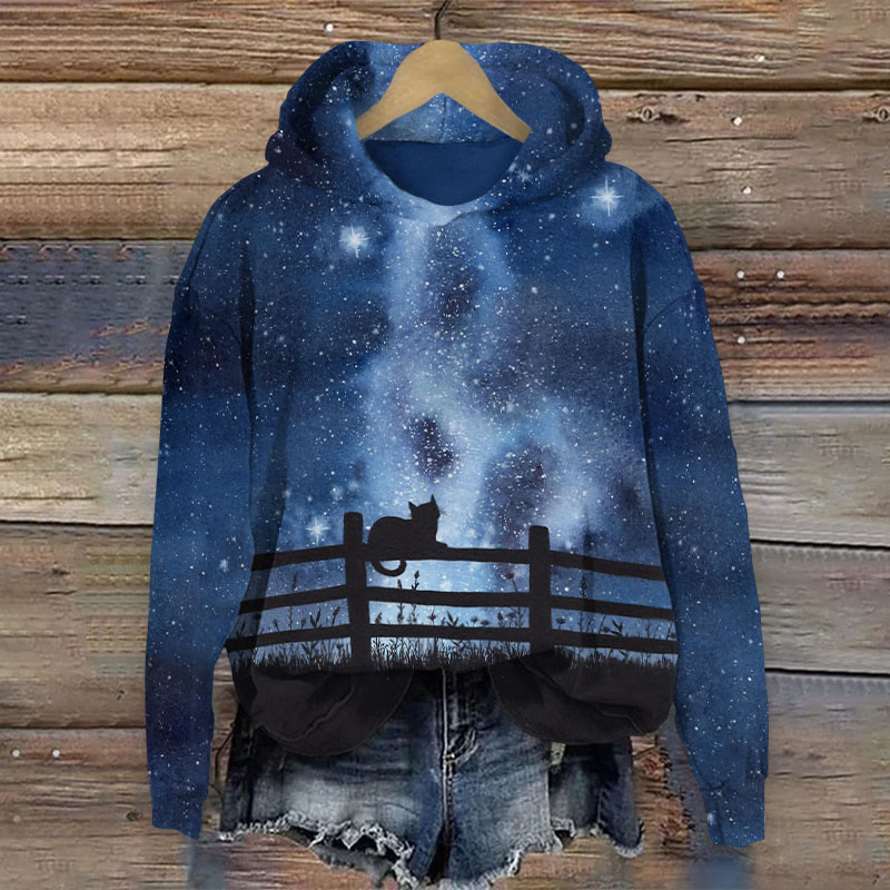 The Starry Sky And A Cat Art Print Long Sleeve Hoodie - Dark Blue - US44-46(8XL) - image 1