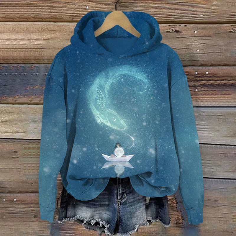 Carp And Small Boat In The Night Sky Art Print Long Sleeve Hoodie - Lake Blue - US44-46(8XL) - image 1