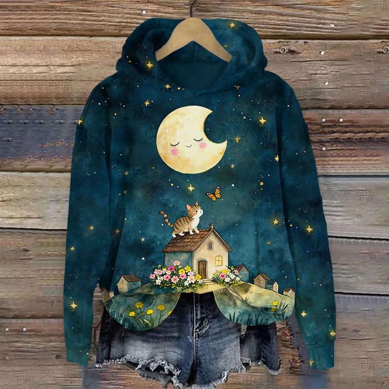 Watercolor Night Starry Cat Art Print Long Sleeve Hoodie - Dark Blue - US44-46(8XL) - image 1