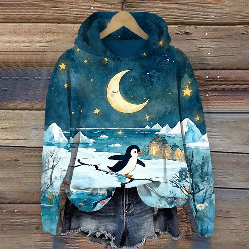 Watercolor Night Starry Penguin Art Print Long Sleeve Hoodie - Dark Blue - US44-46(8XL) - image 1