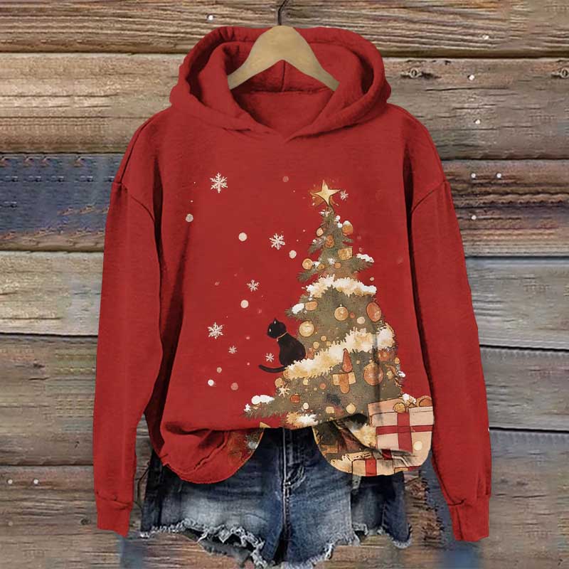 Black Cat Sitting On Gifts Decorated Christmas Tree Art Print Long Sleeve Hoodie - Red - US44-46(8XL) - image 1