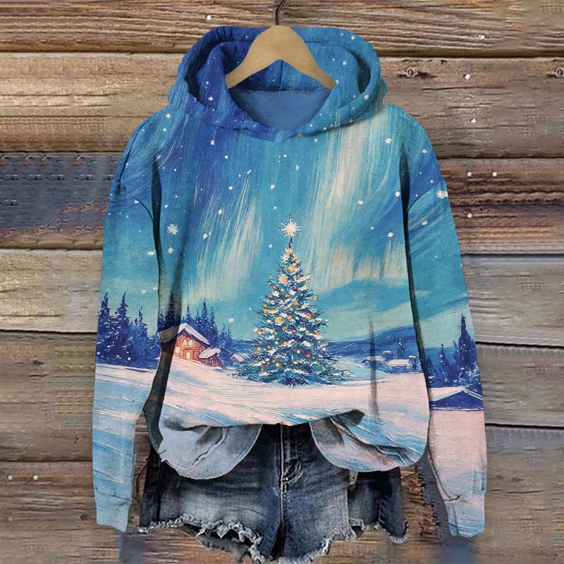 Oil Painting Winter Snowy Christmas Tree Art Print Long Sleeve Hoodie - Blue - US44-46(8XL) - image 1