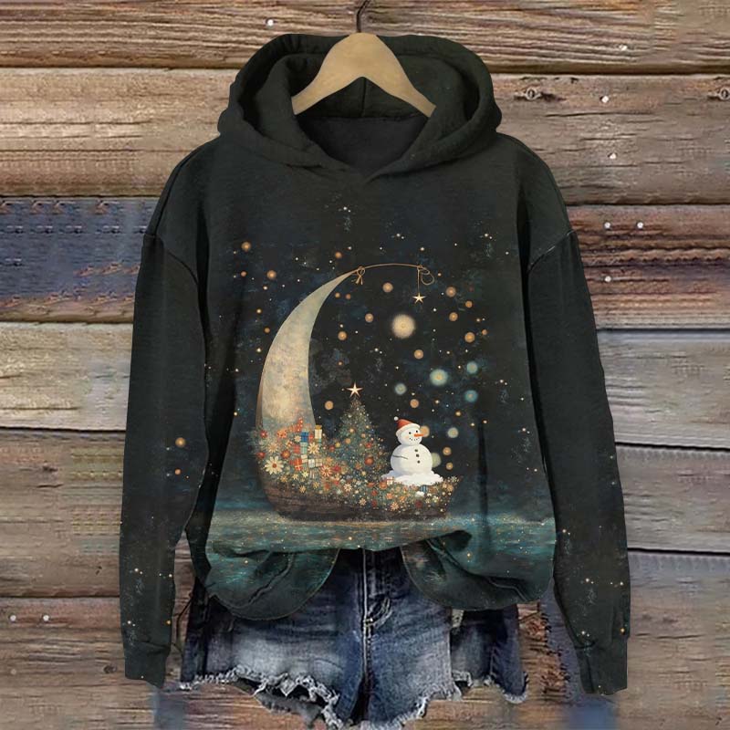 Snowman Sitting On Christmas Moon Boat Art Print Long Sleeve Hoodie - Black - US44-46(8XL) - image 1