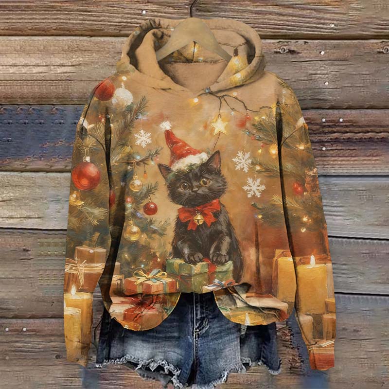Christmas Cat Surrounded By Gifts Art Print Long Sleeve Hoodie - Brown - US44-46(8XL) - image 1