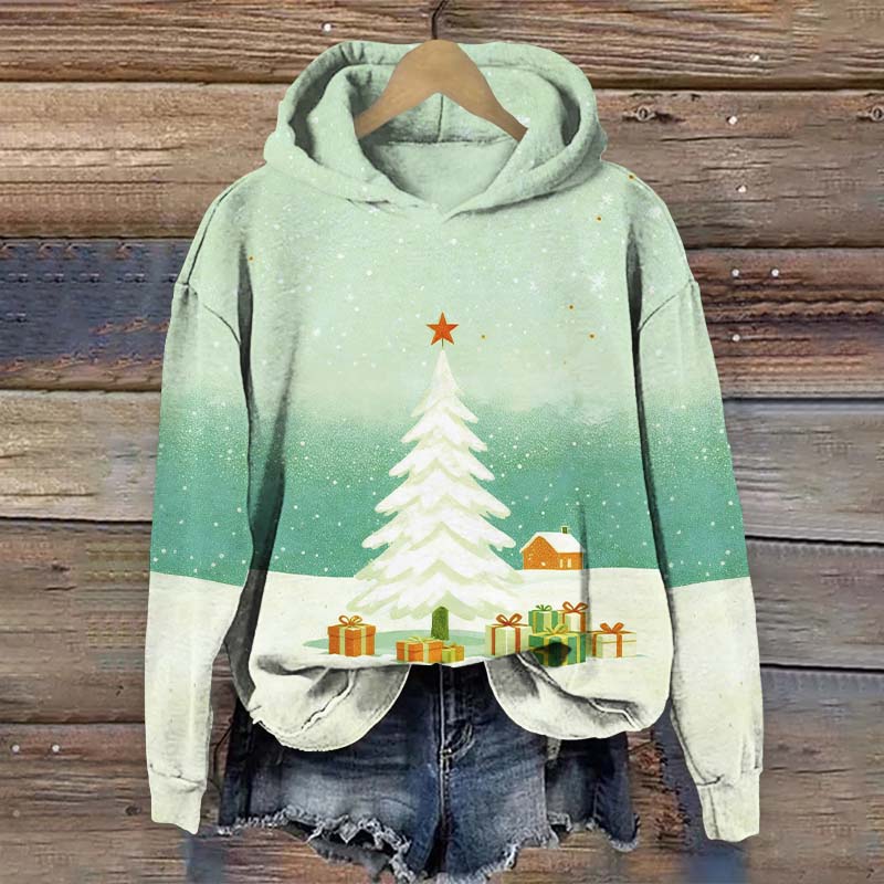 Winter Christmas Tree Covered With Snow Art Print Long Sleeve Hoodie - Green - US44-46(8XL) - image 2