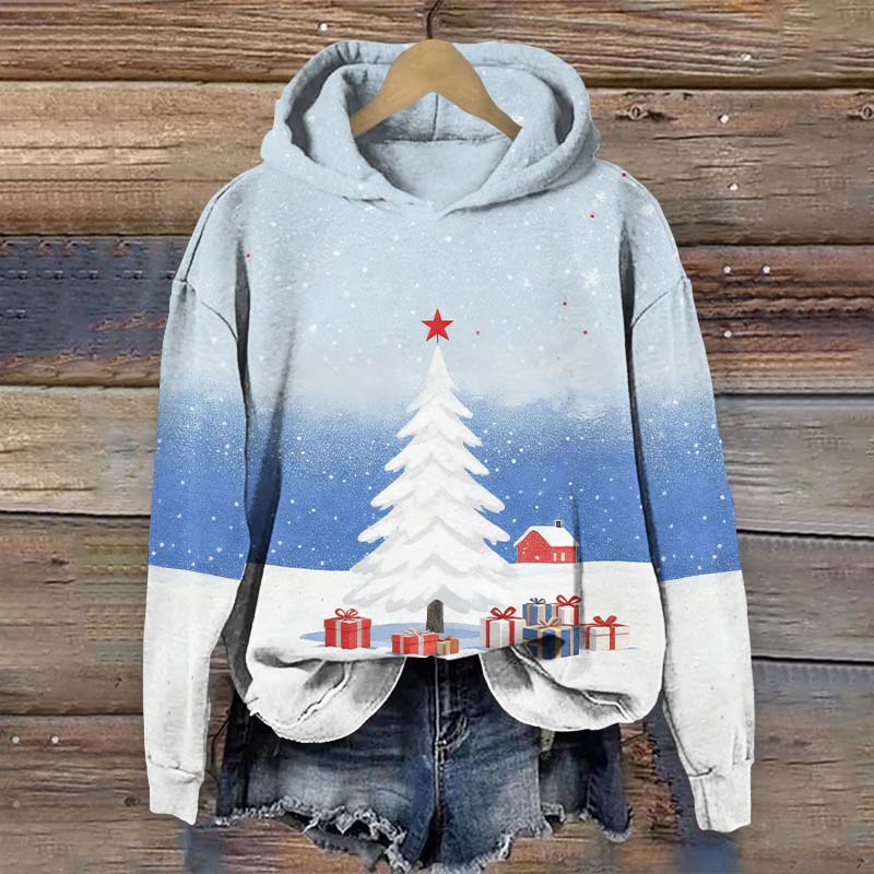 Winter Christmas Tree Covered With Snow Art Print Long Sleeve Hoodie - Blue - US44-46(8XL) - image 1
