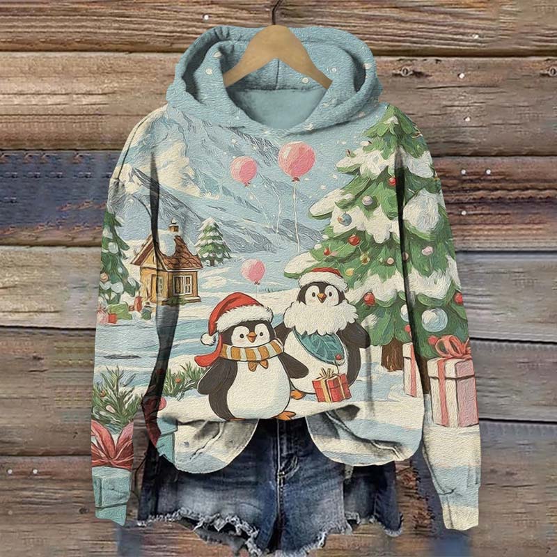 Watercolor Lovely Santa Hat Penguins Art Print Long Sleeve Hoodie - Blue - US44-46(8XL) - image 1