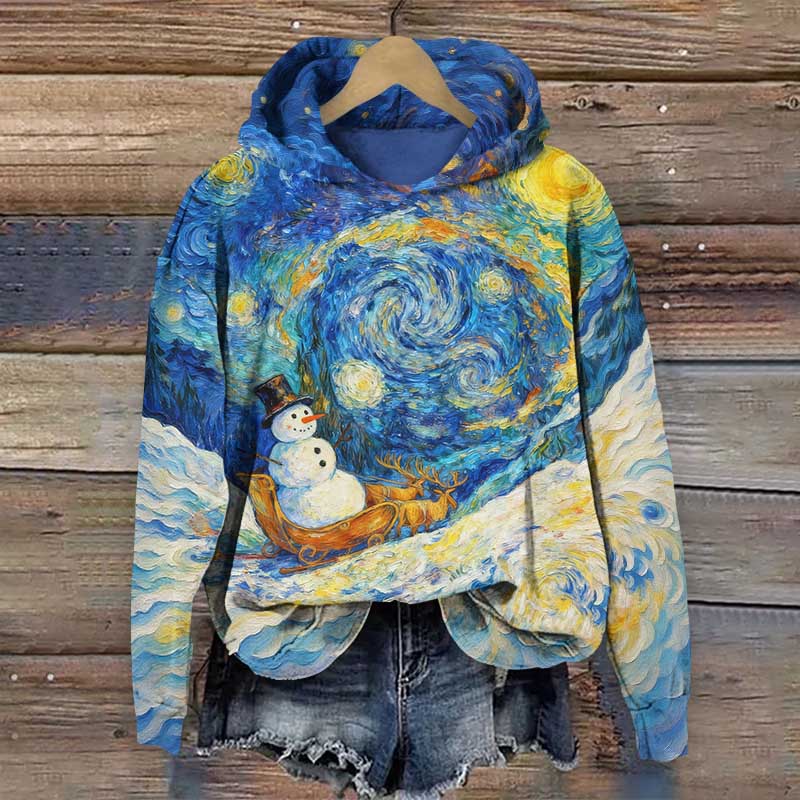  Van Gogh Oil Painting Christmas Snowman Elk Car Art Print Long Sleeve Hoodie - Blue - US44-46(8XL) - image 1