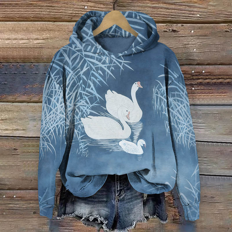 Vintage Swans Family And Reeds Art Print Long Sleeve Hoodie - Blue - US44-46(8XL) - image 1