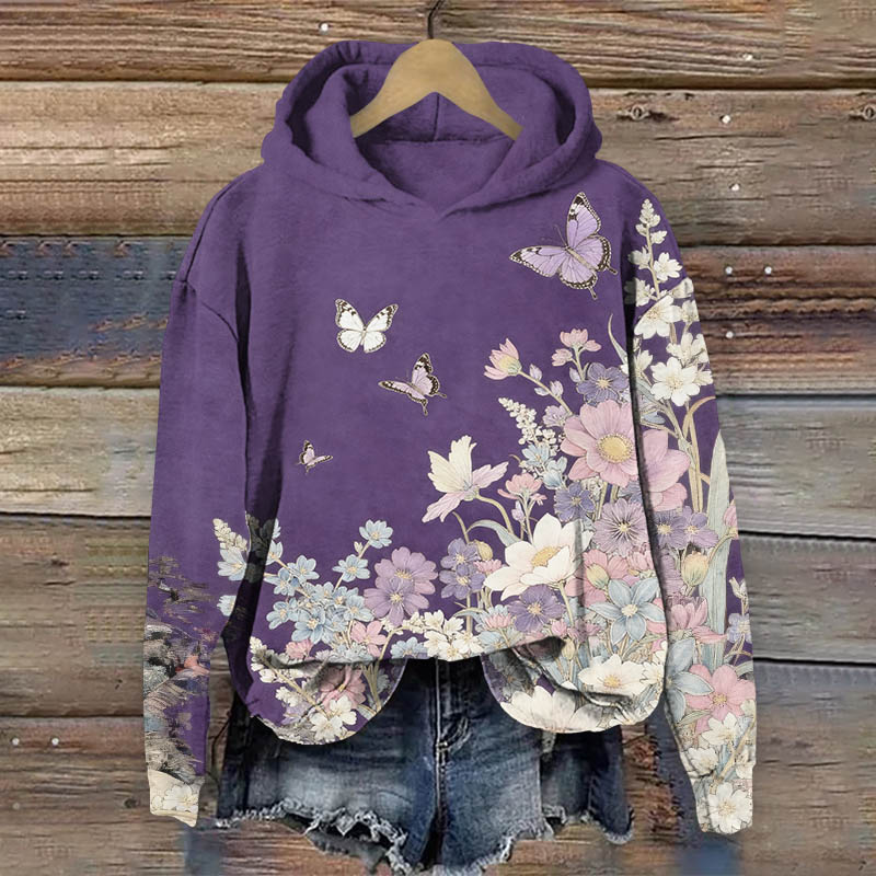 Watercolor Romantic Flowers & Butterfly Art Print Long Sleeve Hoodie - Purple - US44-46(8XL) - image 1