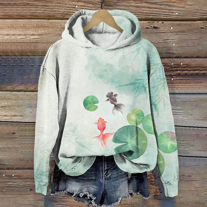 Lovely Goldfish In Lotus Pond Art Print Long Sleeve Hoodie - Green - US44-46(8XL) - image 1