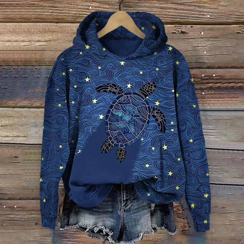 Vintage Ocean Wave Abstract Sea Turtle Print Long Sleeve Hoodie - Navy Blue - US44-46(8XL) - image 1