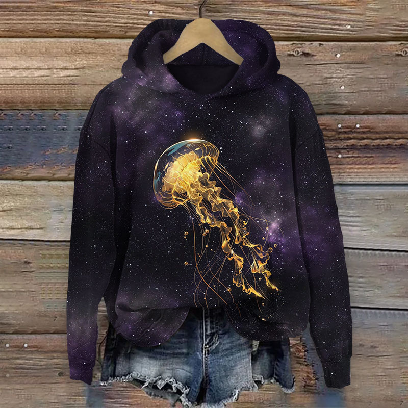 Glowing Golden Jellyfish In Starry Night Print Long Sleeve Hoodie - Black - US44-46(8XL) - image 1
