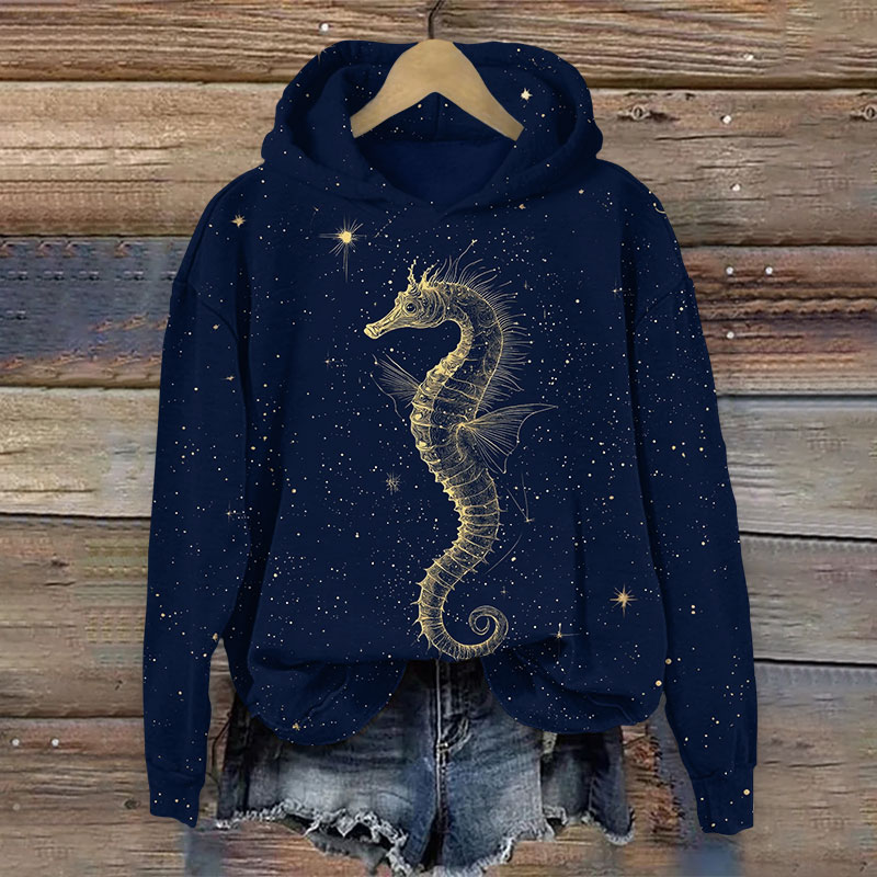 Starry Night & Stunning Seahorse Print Long Sleeve Hoodie - Dark Blue - US44-46(8XL) - image 1