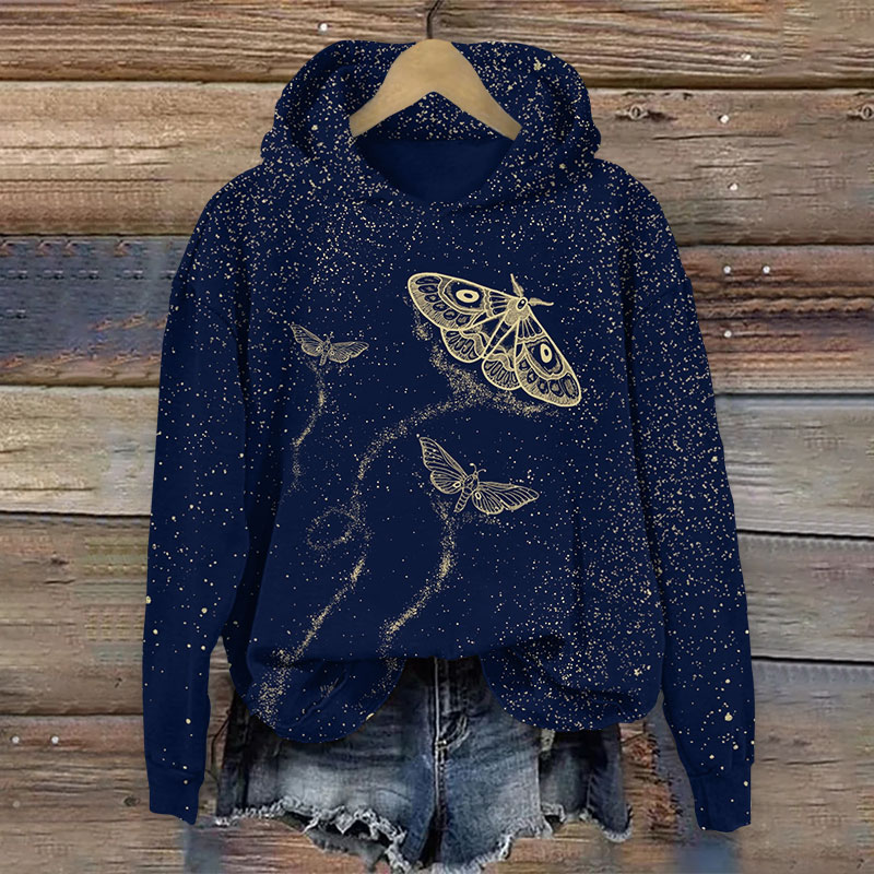 Retro Moth In Starry Sky Print Long Sleeve Hoodie - Dark Blue - US44-46(8XL) - image 1