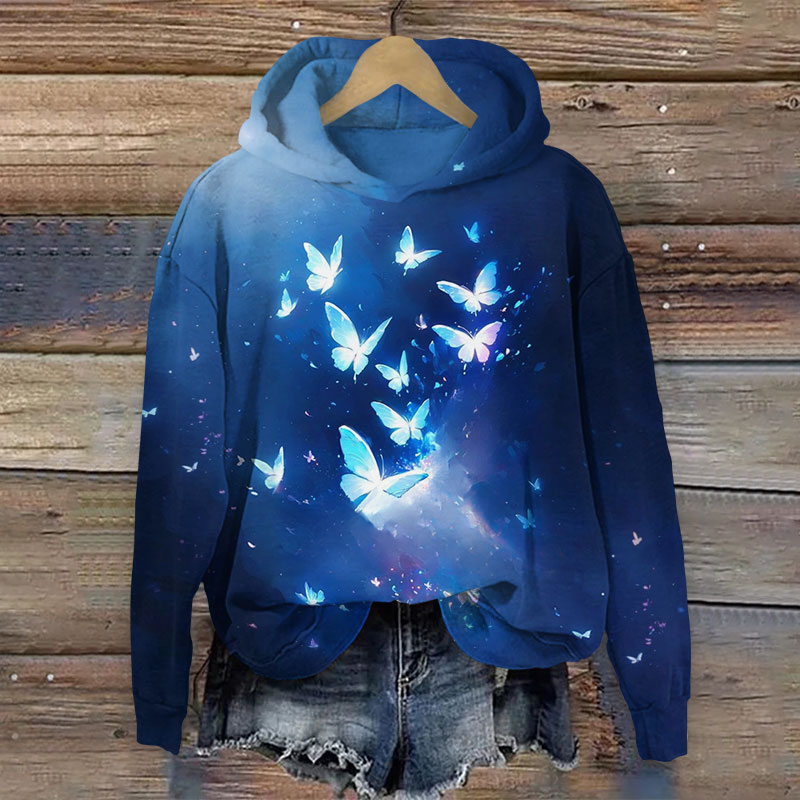 Romantic Blue Glowing Butterfly Print Long Sleeve Hoodie - Blue - US44-46(8XL) - image 1