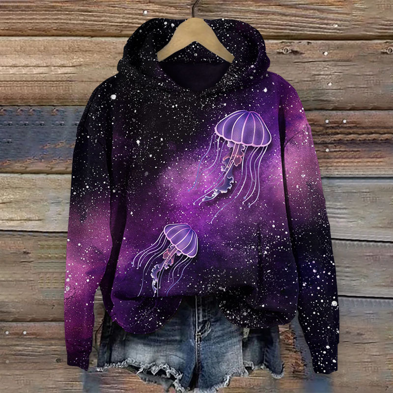 Fantasy Starry Night Jellyfish Art Print Long Sleeve Hoodie - Purple - US44-46(8XL) - image 1