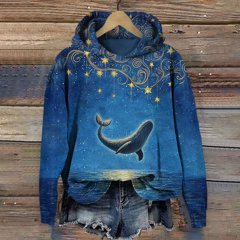 Retro Starry Sky & Whale Art Print Long Sleeve Hoodie - Blue - US44-46(8XL) - image 1