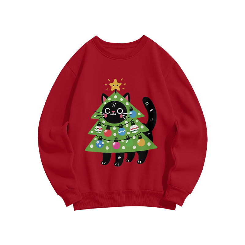100% Cotton Funny Christmas Tree Cat Print Crew Neck Sweatshirt - Red - US16-18(2XL) - image 1